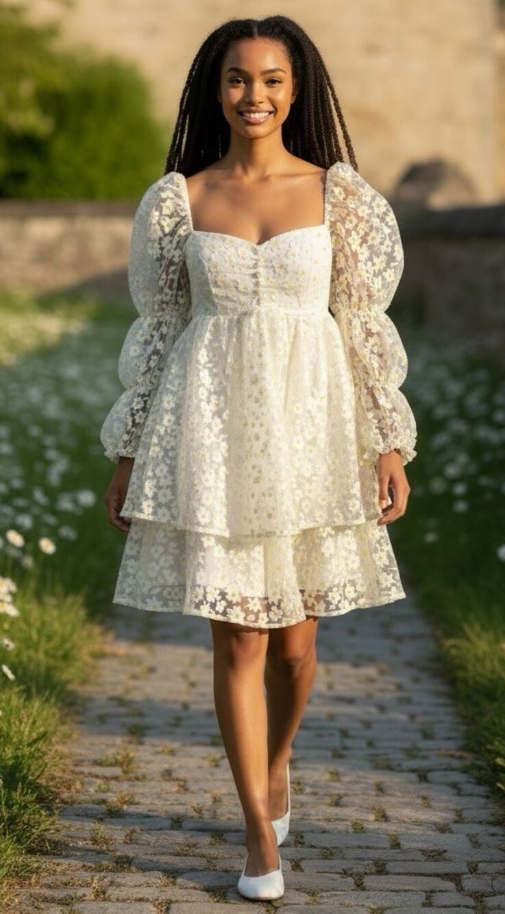 Storia NWT womens daisies babydoll sheer sleeved summer dress Medium coquette